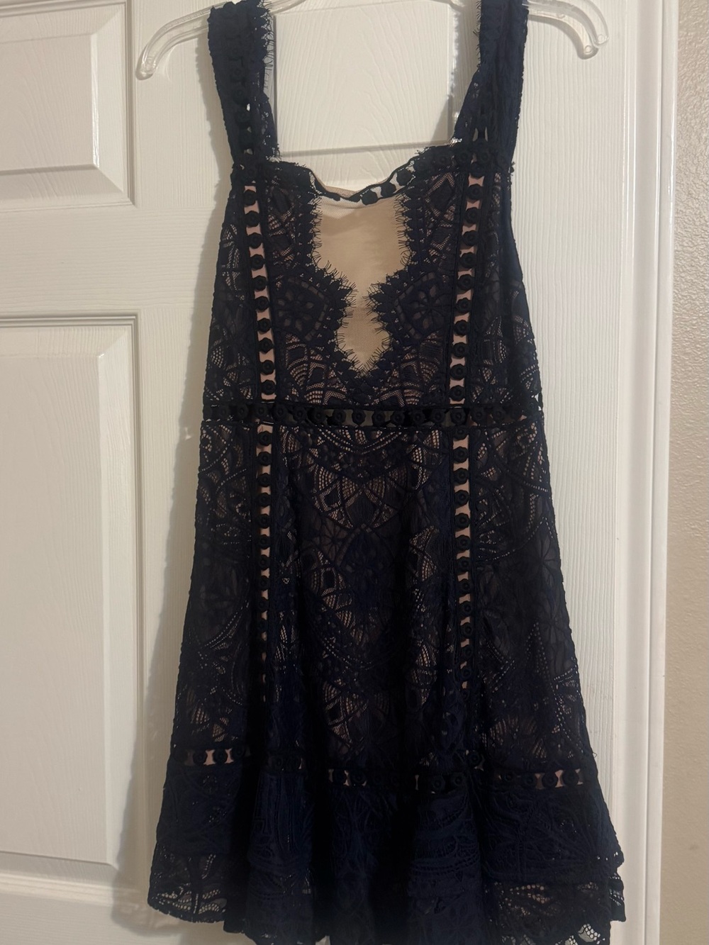 For Love & Lemons Navy Lace Mini Dress with Nude Lining
